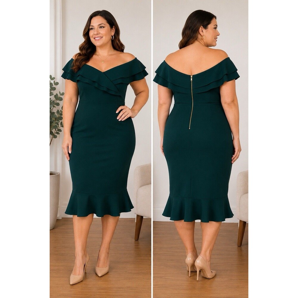 Quiz Emerald Green Off Shoulder Ruffle Midi Dress Size 16 UK Women’s